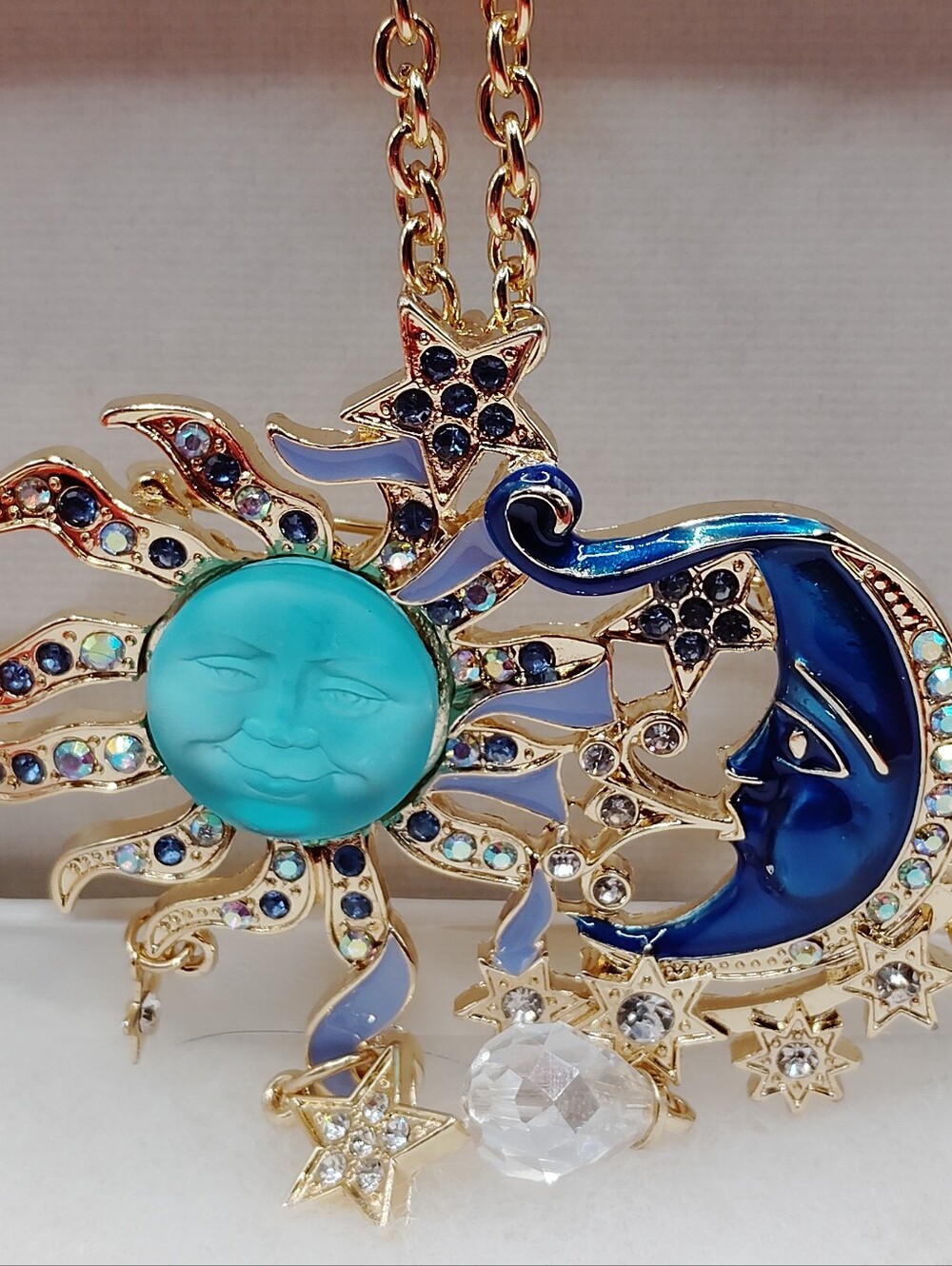 Signed Kirks Folly Celestial Sun Moon Stars Brooch Pendant Necklace Gold Tone